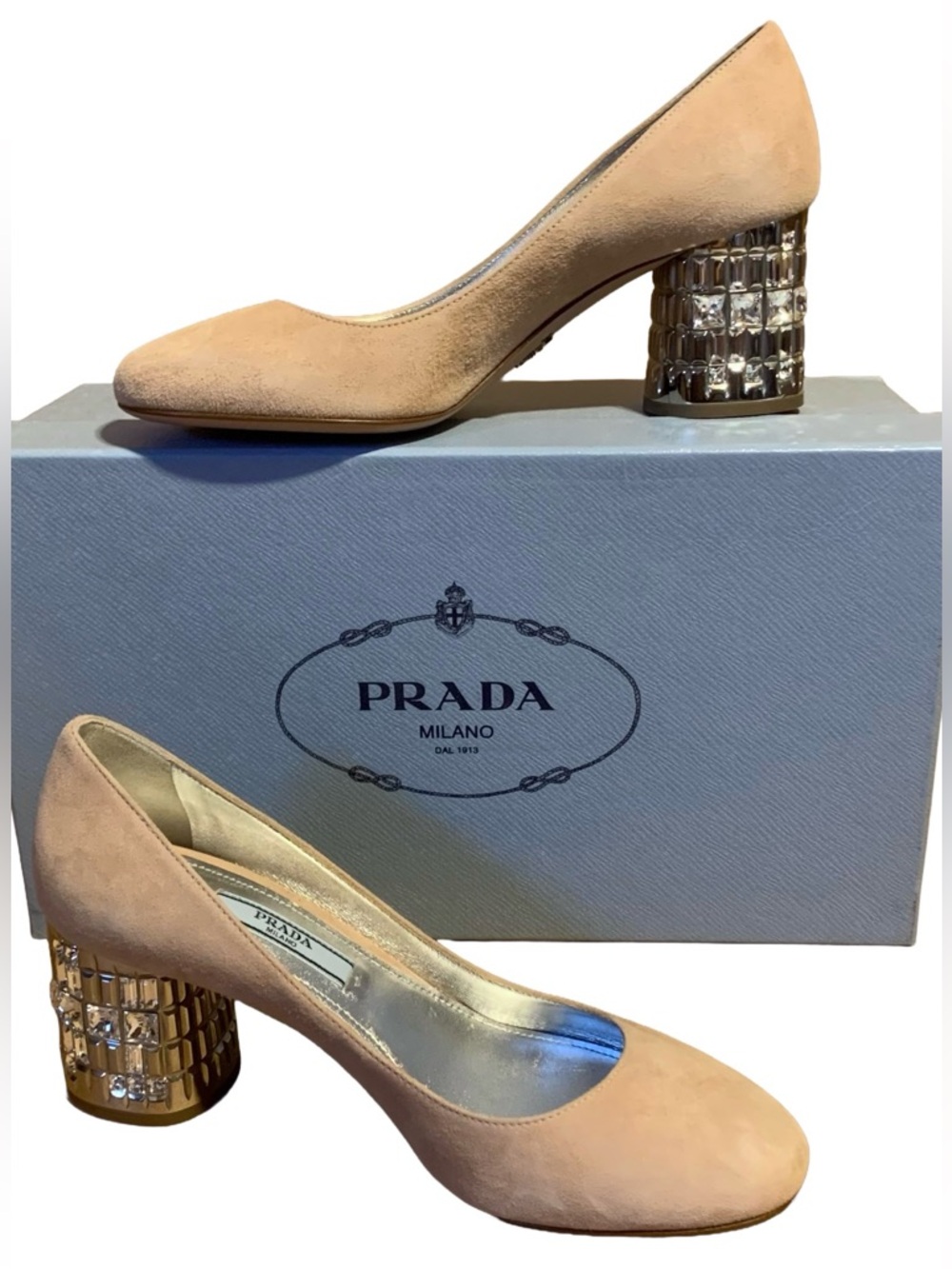 PRADA BLUSH SUEDE CRYSTAL BLOCK HEEL SHOES W/BOX (34.5)